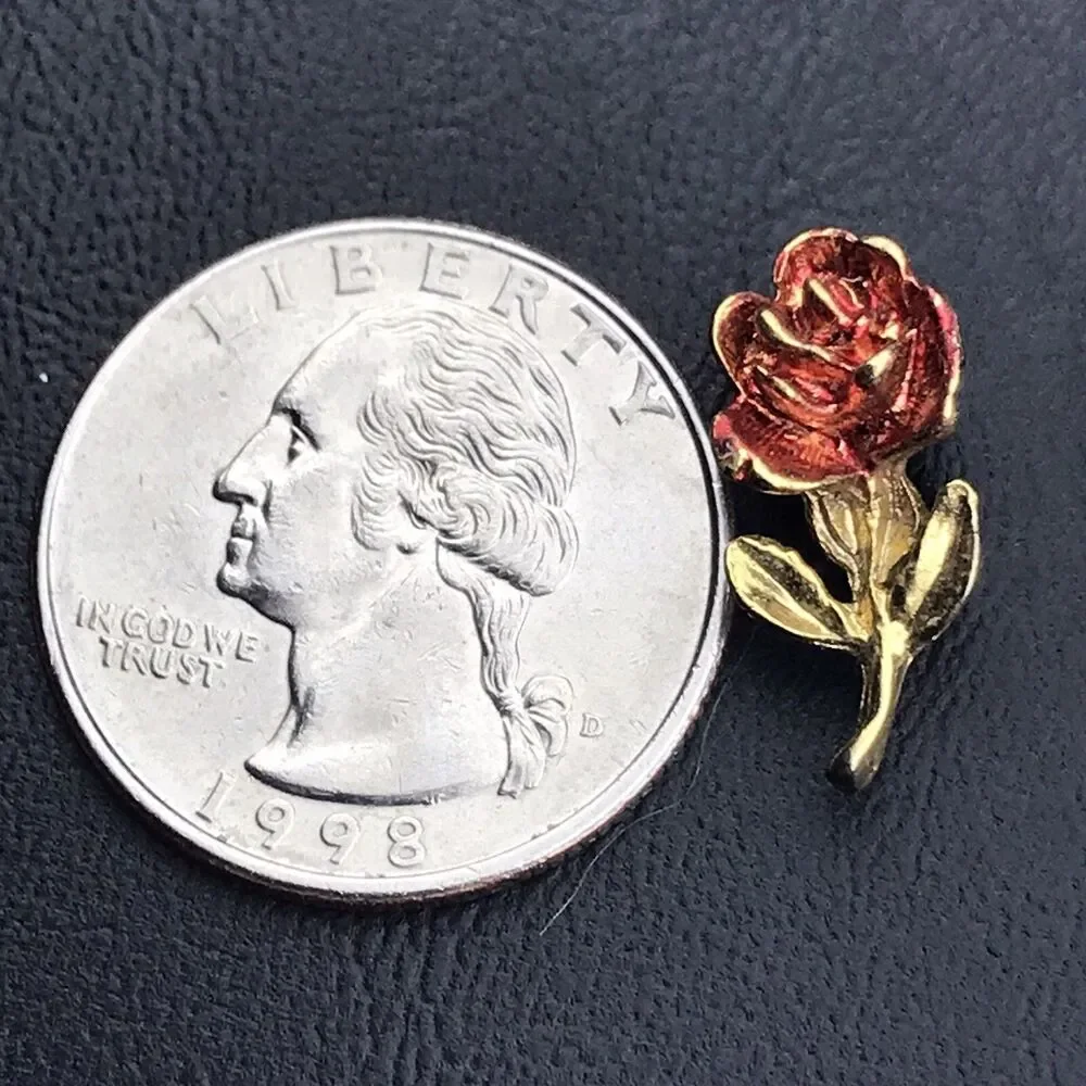 Red Rose Pin Gold Tone Enamel Small Brooch Vintage